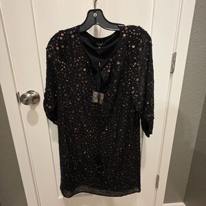 NWT Tolani Julia Shift Black Dress Copper Sequins V Neck Lined Tassels XS